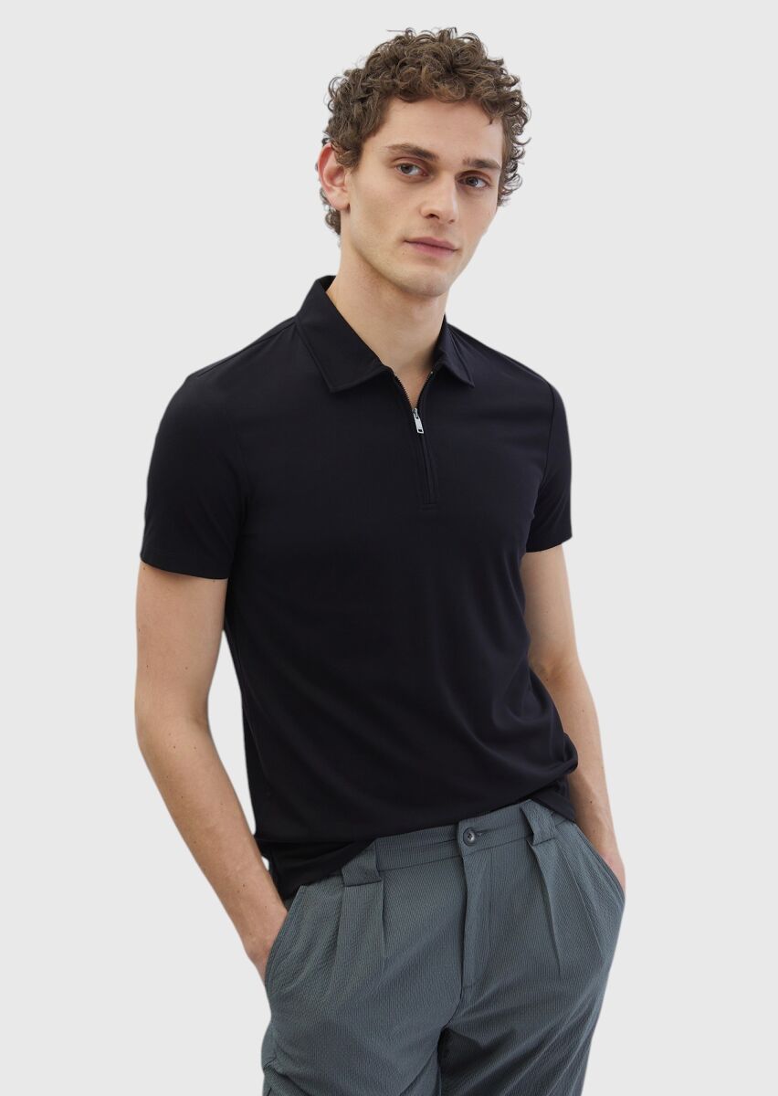 Black Plain Polo Neck T-Shirt - 1