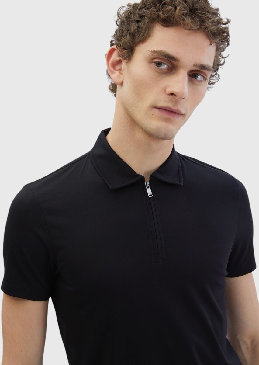 Black Plain Polo Neck T-Shirt - 3