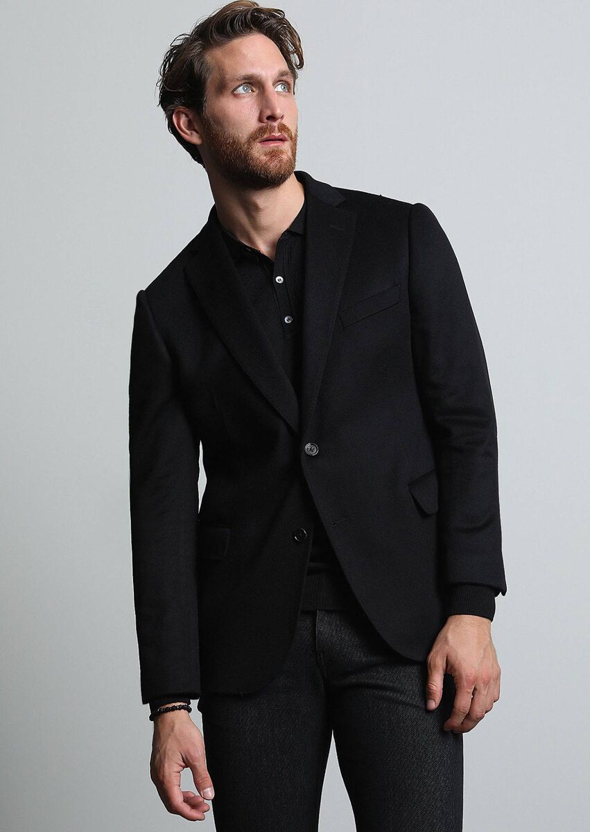 Black Plain Regular Fit 100% Cashmire Jacket - 4