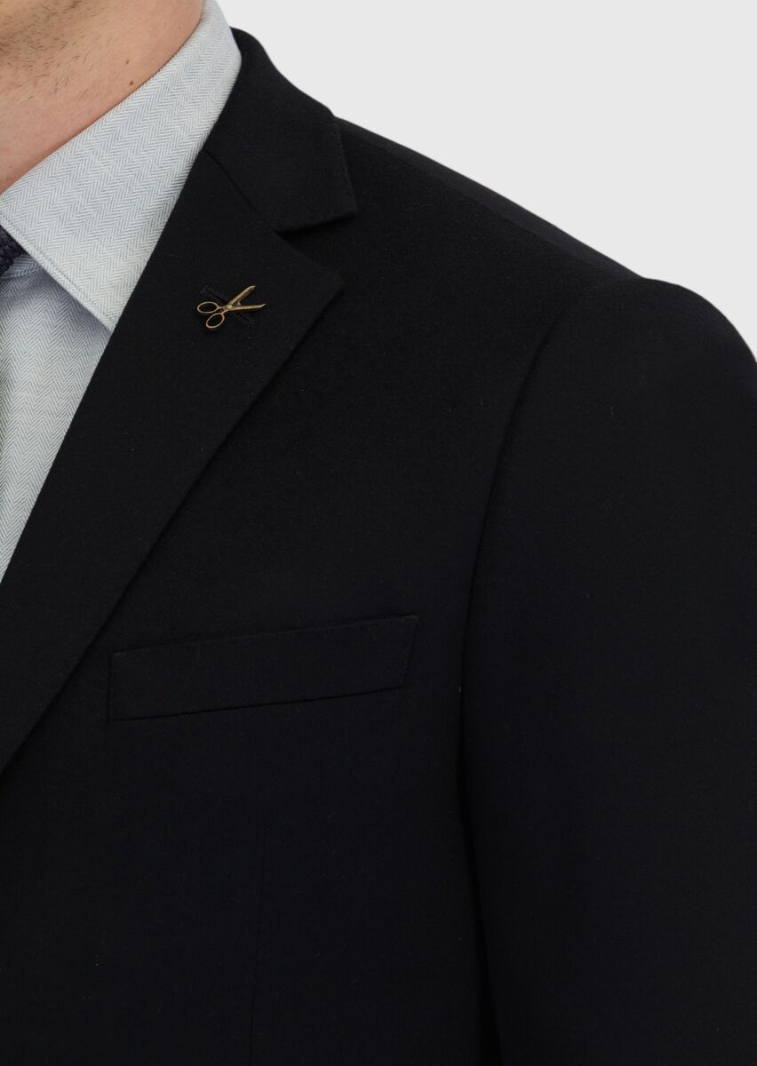 Black Plain Regular Fit 100% Cashmire Jacket - 5