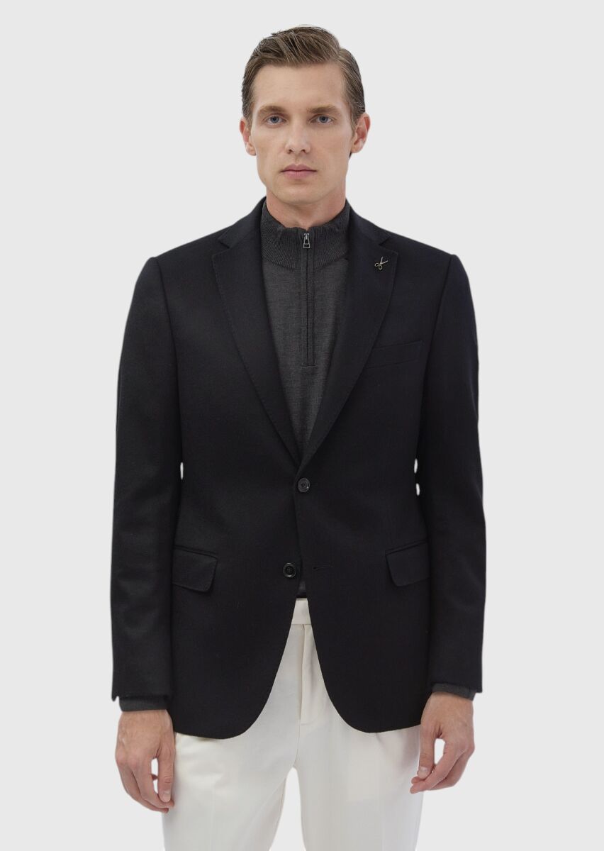 Black Plain Regular Fit 100% Cashmire Jacket - 1