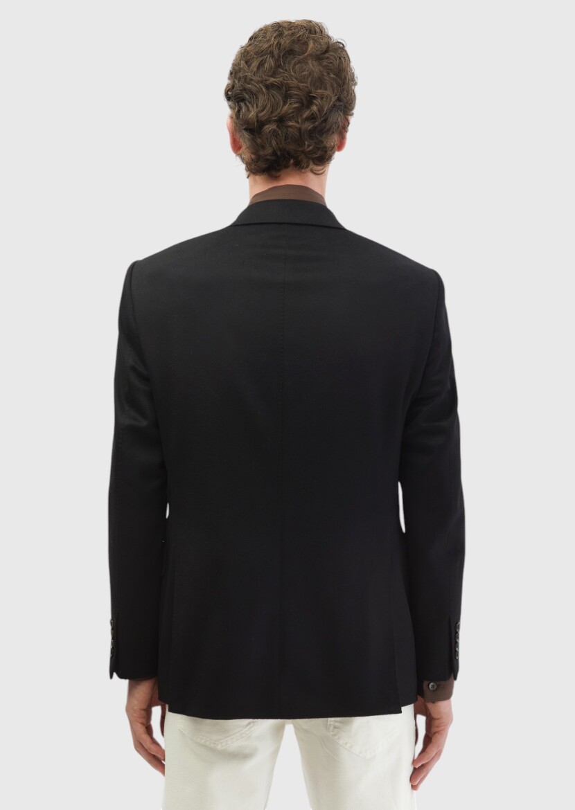 Black Plain Regular Fit 100% Cashmire Jacket - 7