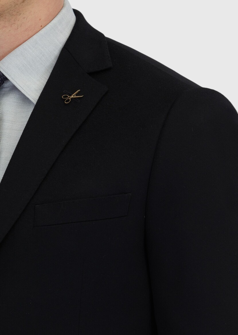 Black Plain Regular Fit 100% Cashmire Jacket - 5