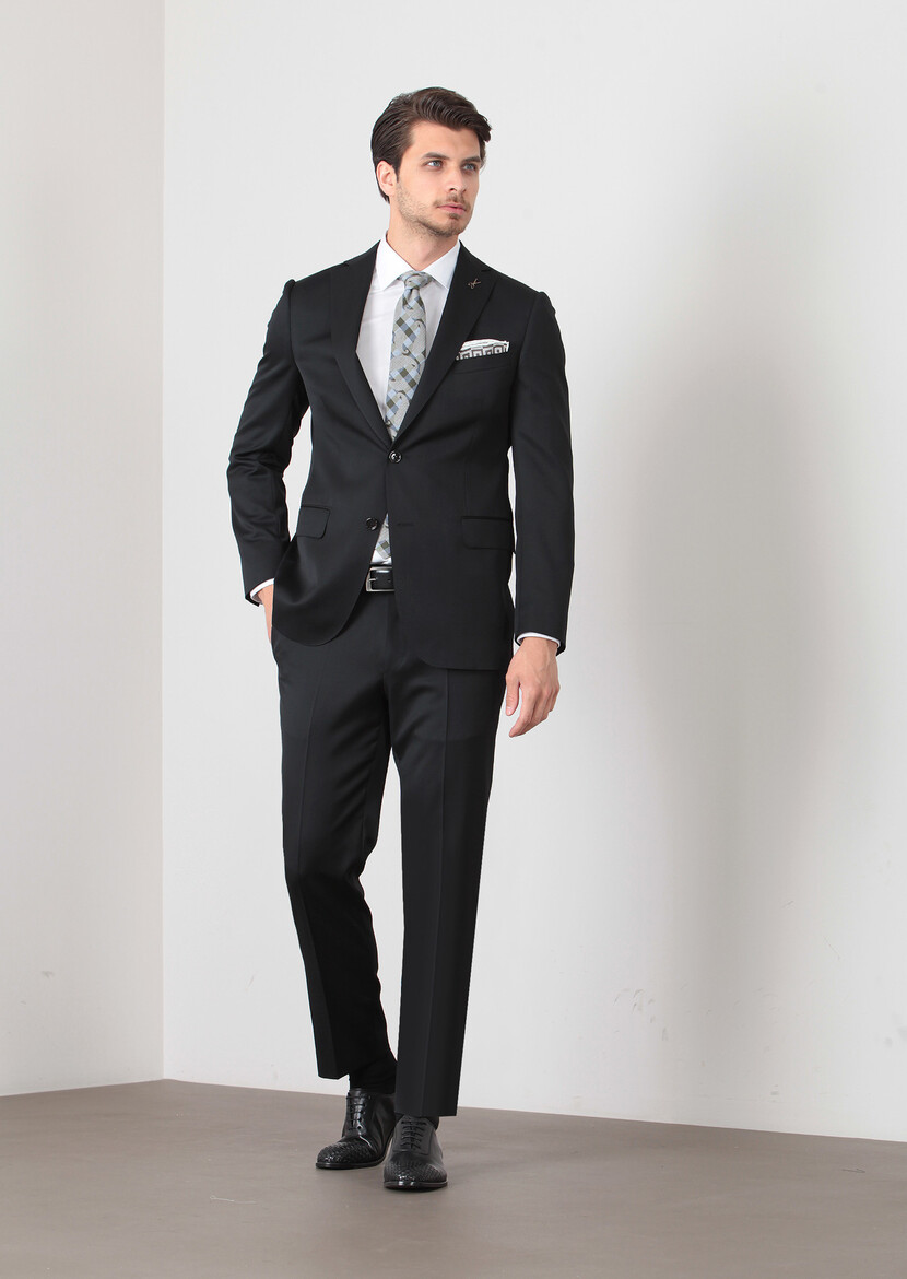 Black Plain Regular Fit 100% Wool Suit - 2