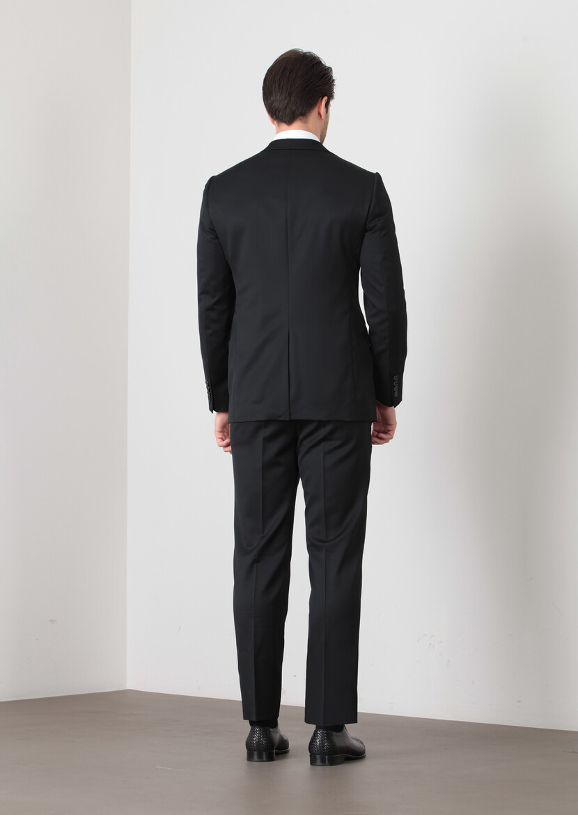 Black Plain Regular Fit 100% Wool Suit - 4