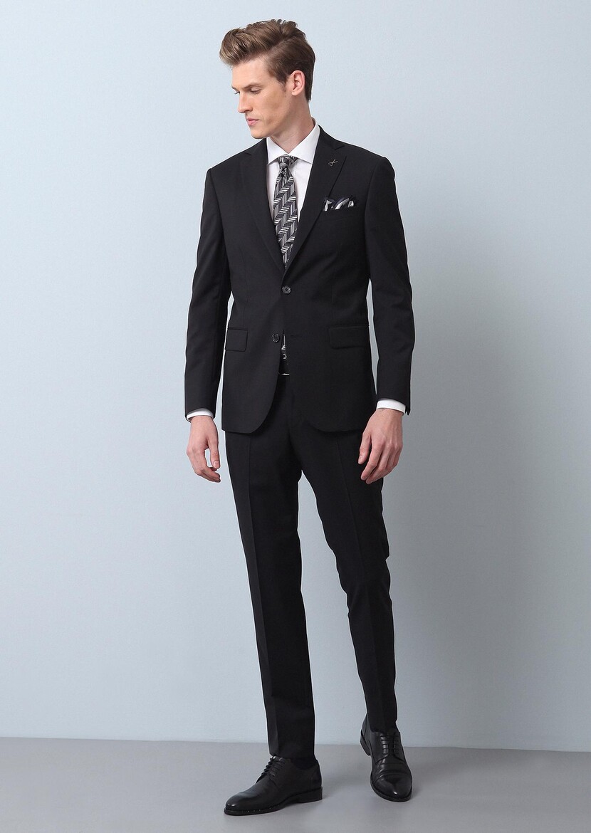 Black Plain Regular Fit 100% Wool Suit - 1