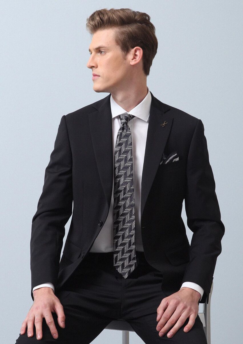 Black Plain Regular Fit 100% Wool Suit - 2