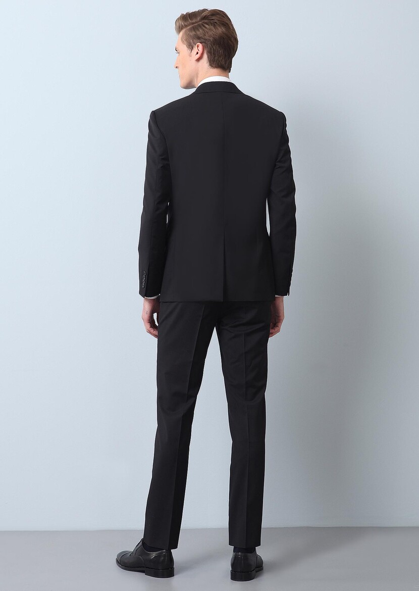 Black Plain Regular Fit 100% Wool Suit - 5