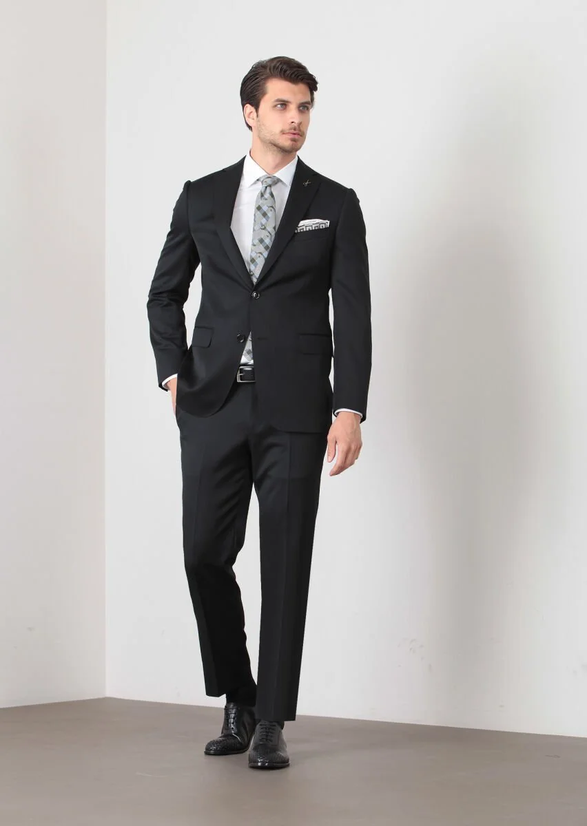 Black Plain Regular Fit 100% Wool Suit - 1