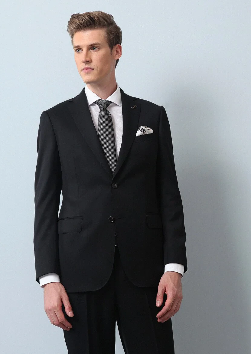 Black Plain Regular Fit 100% Wool Suit - 1