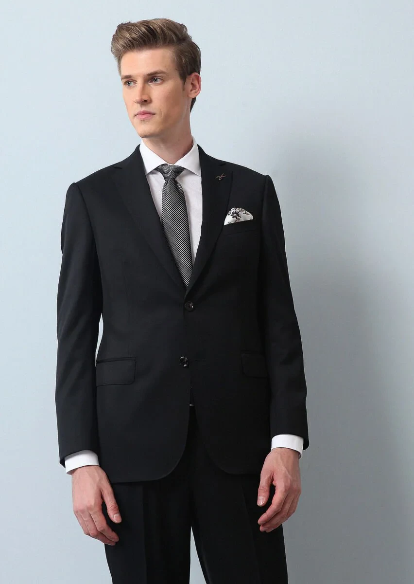 Black Plain Regular Fit 100% Wool Suit - 1