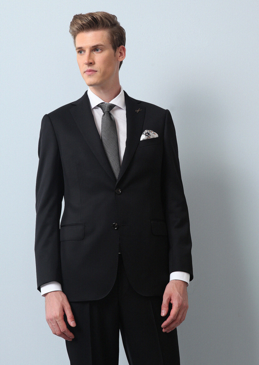Black Plain Regular Fit 100% Wool Suit - 1