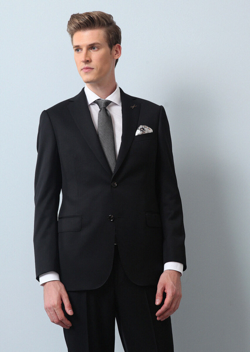 Black Plain Regular Fit 100% Wool Suit - 1