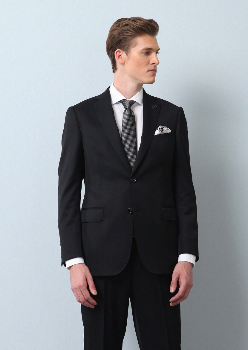 Black Plain Regular Fit 100% Wool Suit - 2