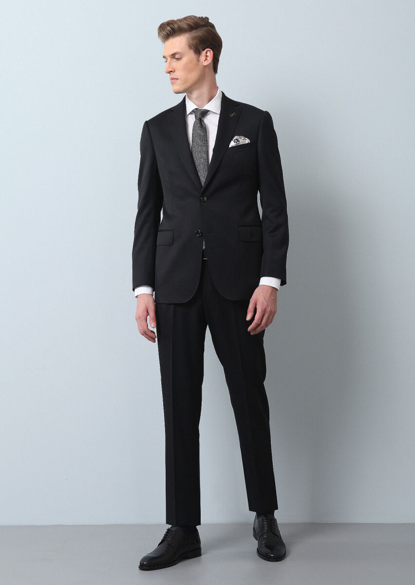 Black Plain Regular Fit 100% Wool Suit - 3