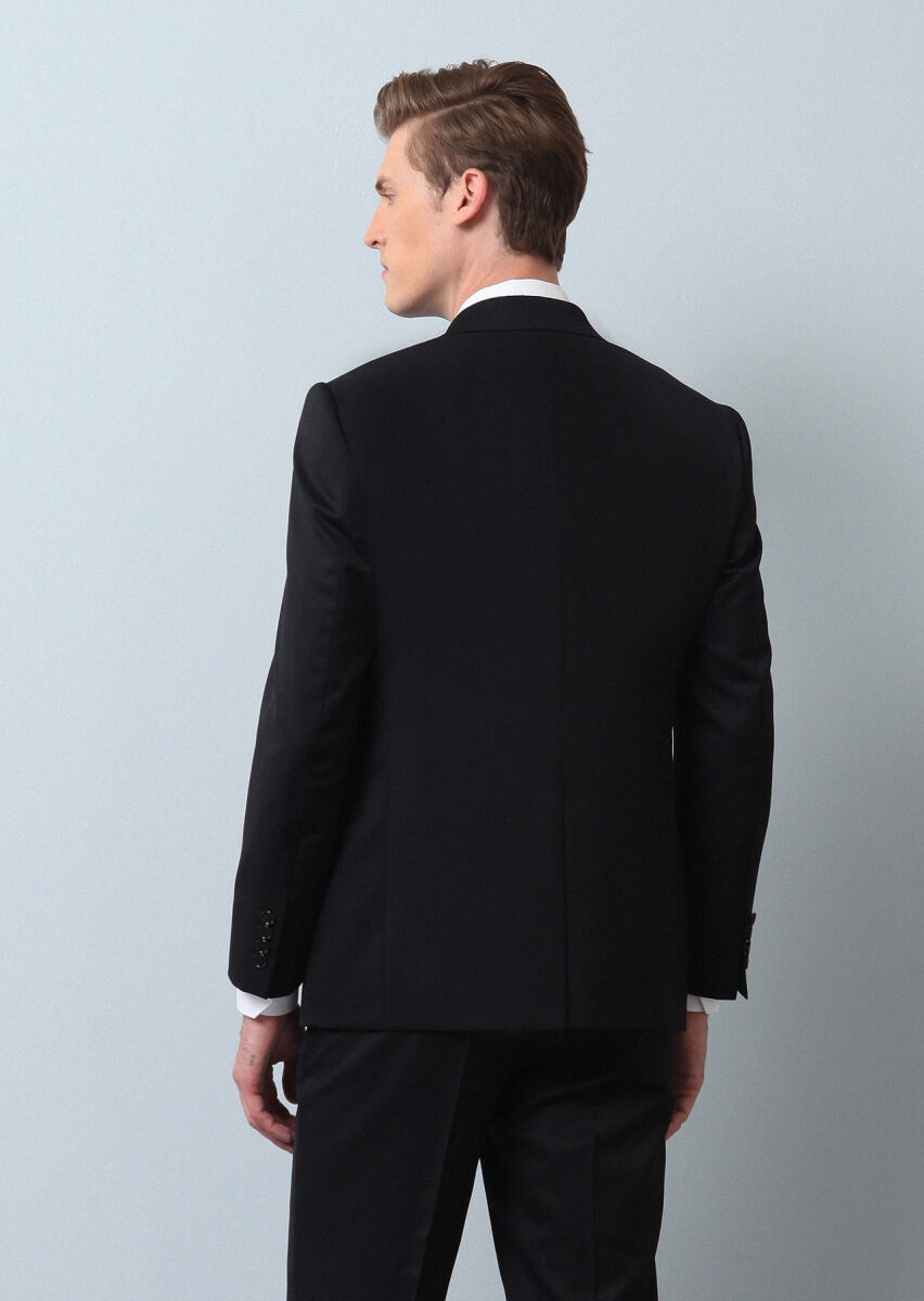 Black Plain Regular Fit 100% Wool Suit - 5