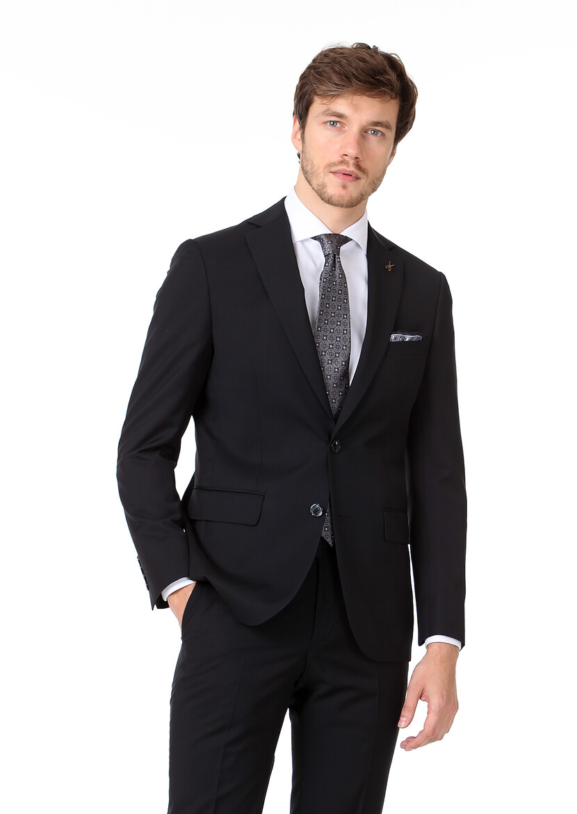 Black Plain Regular Fit 100% Wool Suit - 1