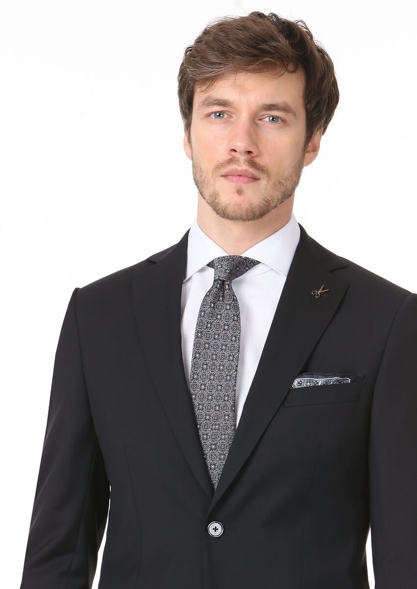 Black Plain Regular Fit 100% Wool Suit - 2