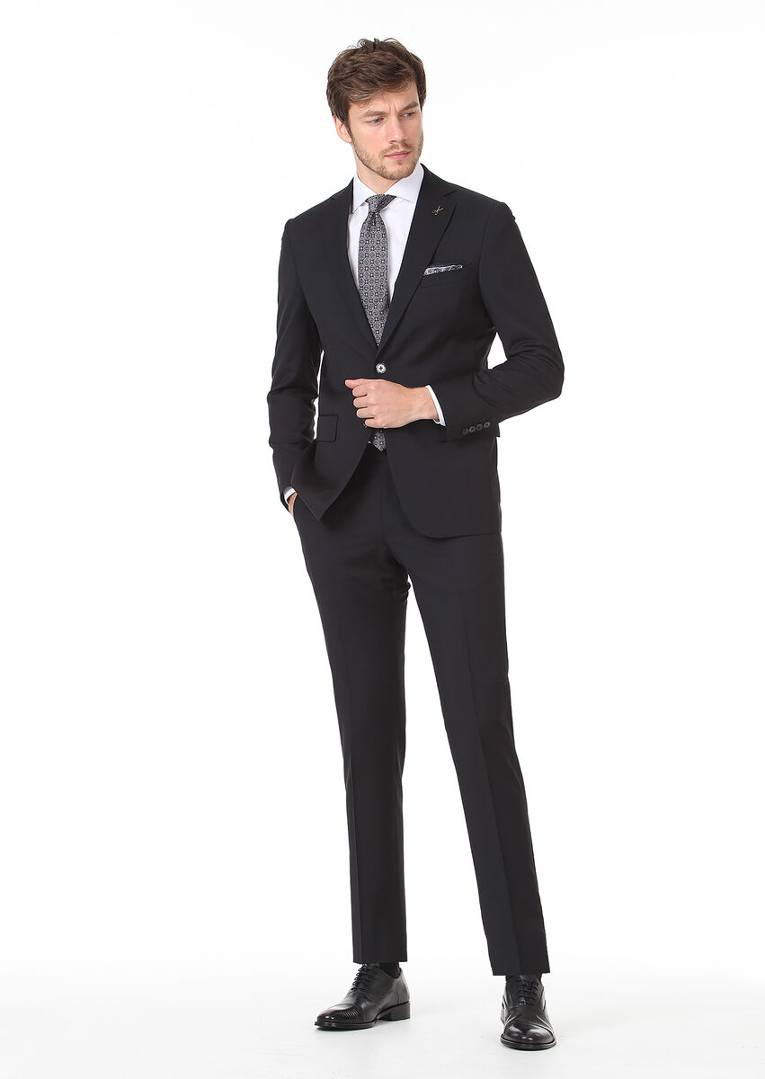 Black Plain Regular Fit 100% Wool Suit - 3