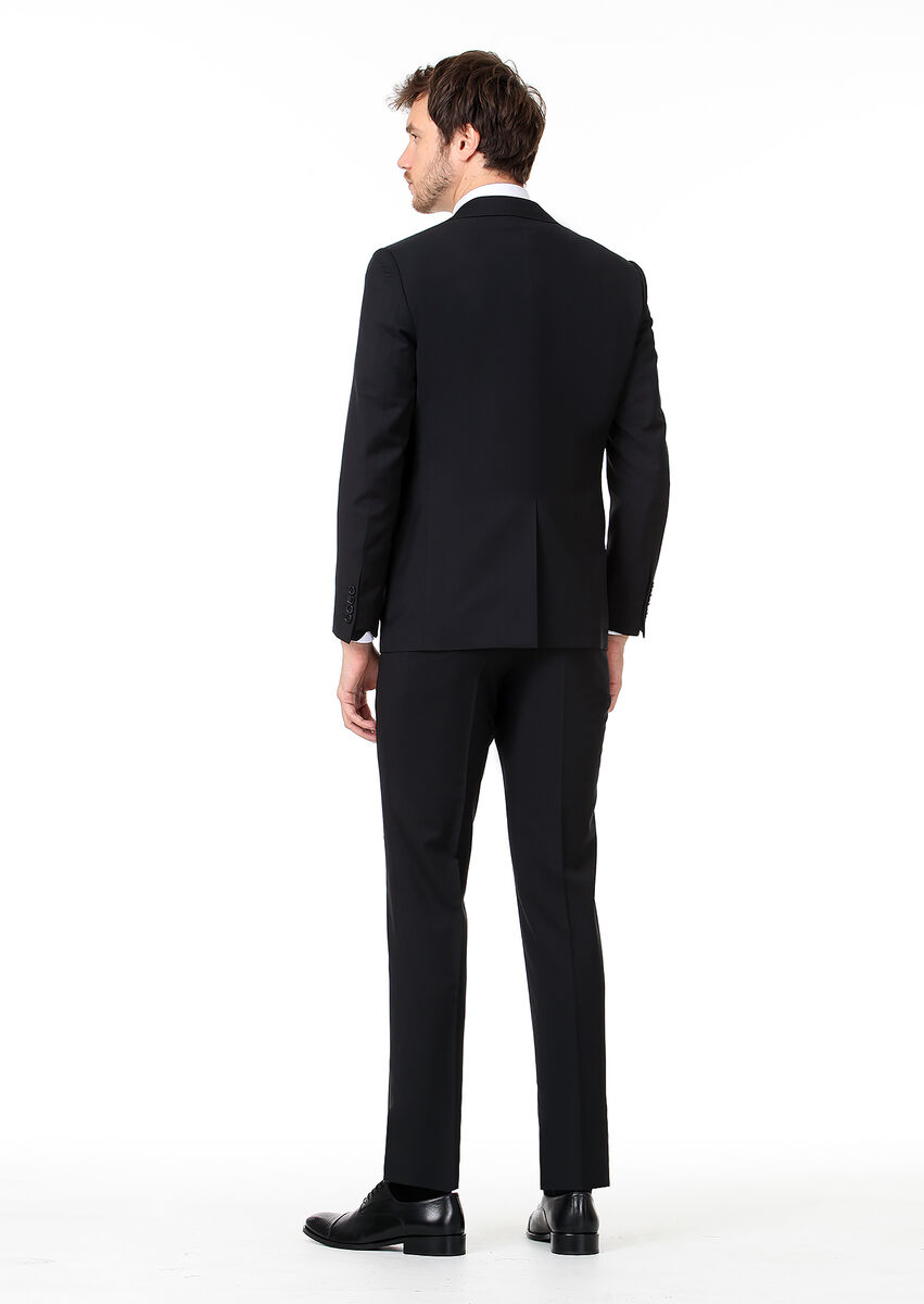 Black Plain Regular Fit 100% Wool Suit - 4