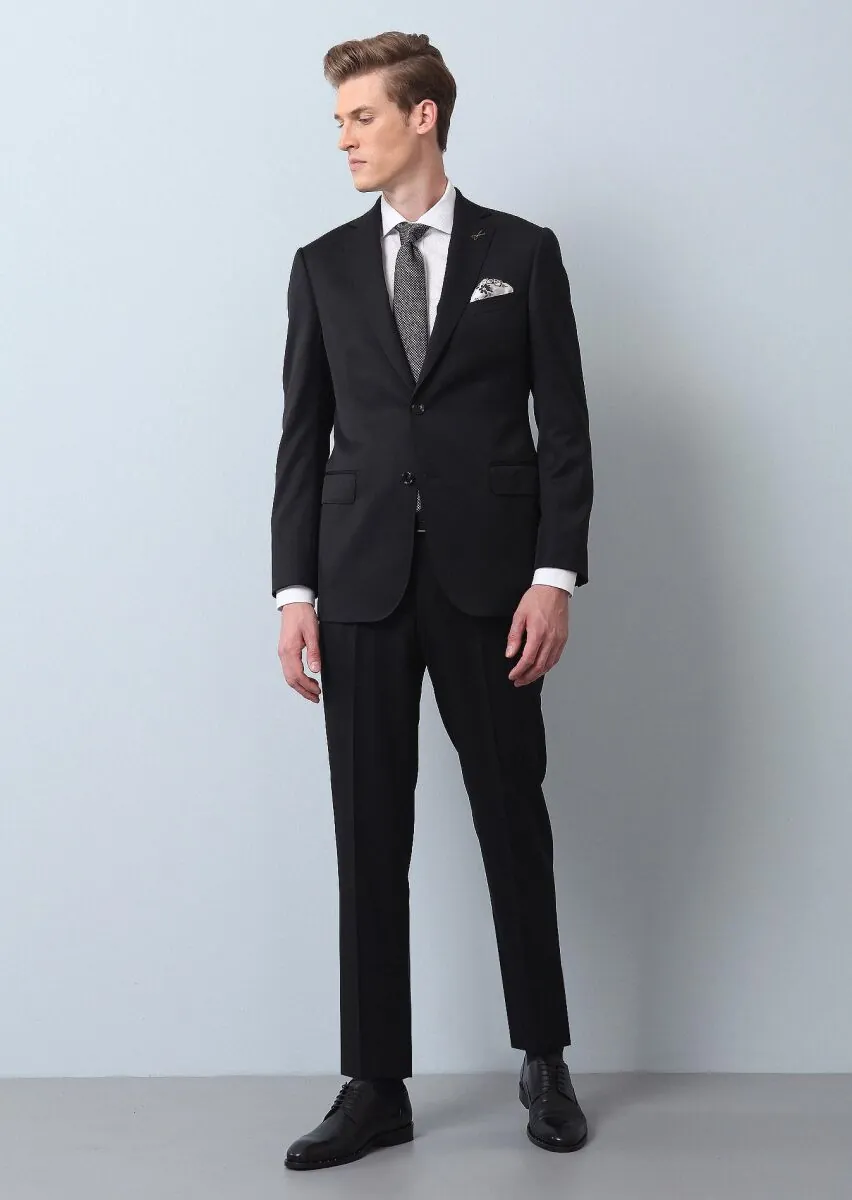 Black Plain Regular Fit 100% Wool Suit - 1