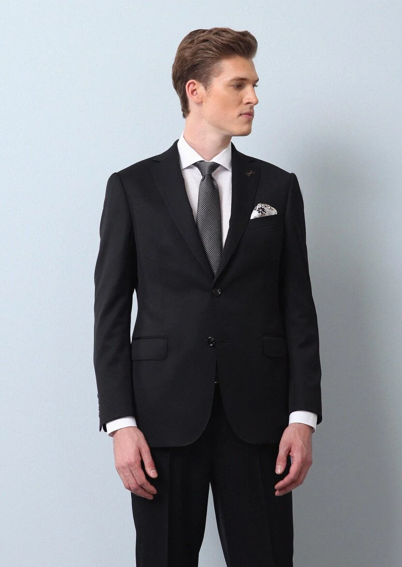 Black Plain Regular Fit 100% Wool Suit - 3