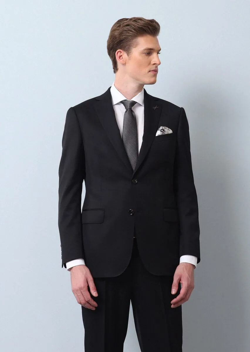 Black Plain Regular Fit 100% Wool Suit - 3