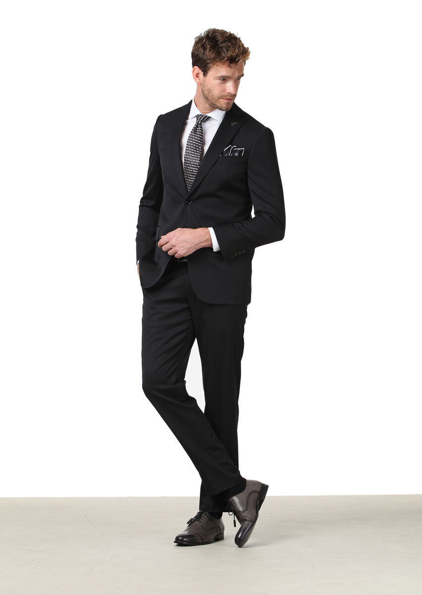 Black Plain Regular Fit 100% Wool Suit - 2