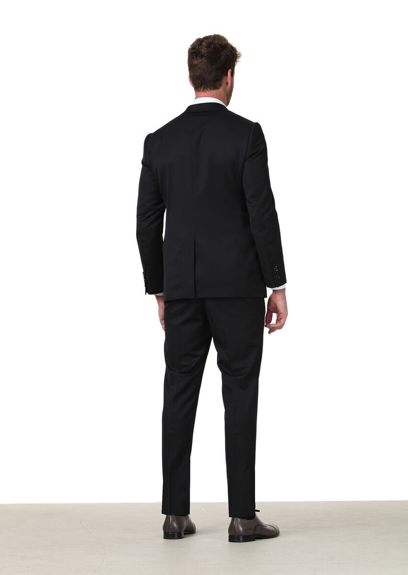 Black Plain Regular Fit 100% Wool Suit - 4