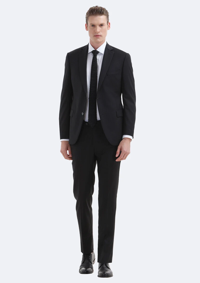 Black Plain Regular Fit 100% Wool Suit - 1