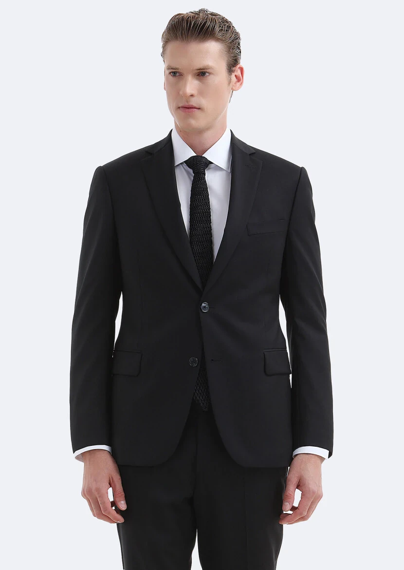 Black Plain Regular Fit 100% Wool Suit - 2
