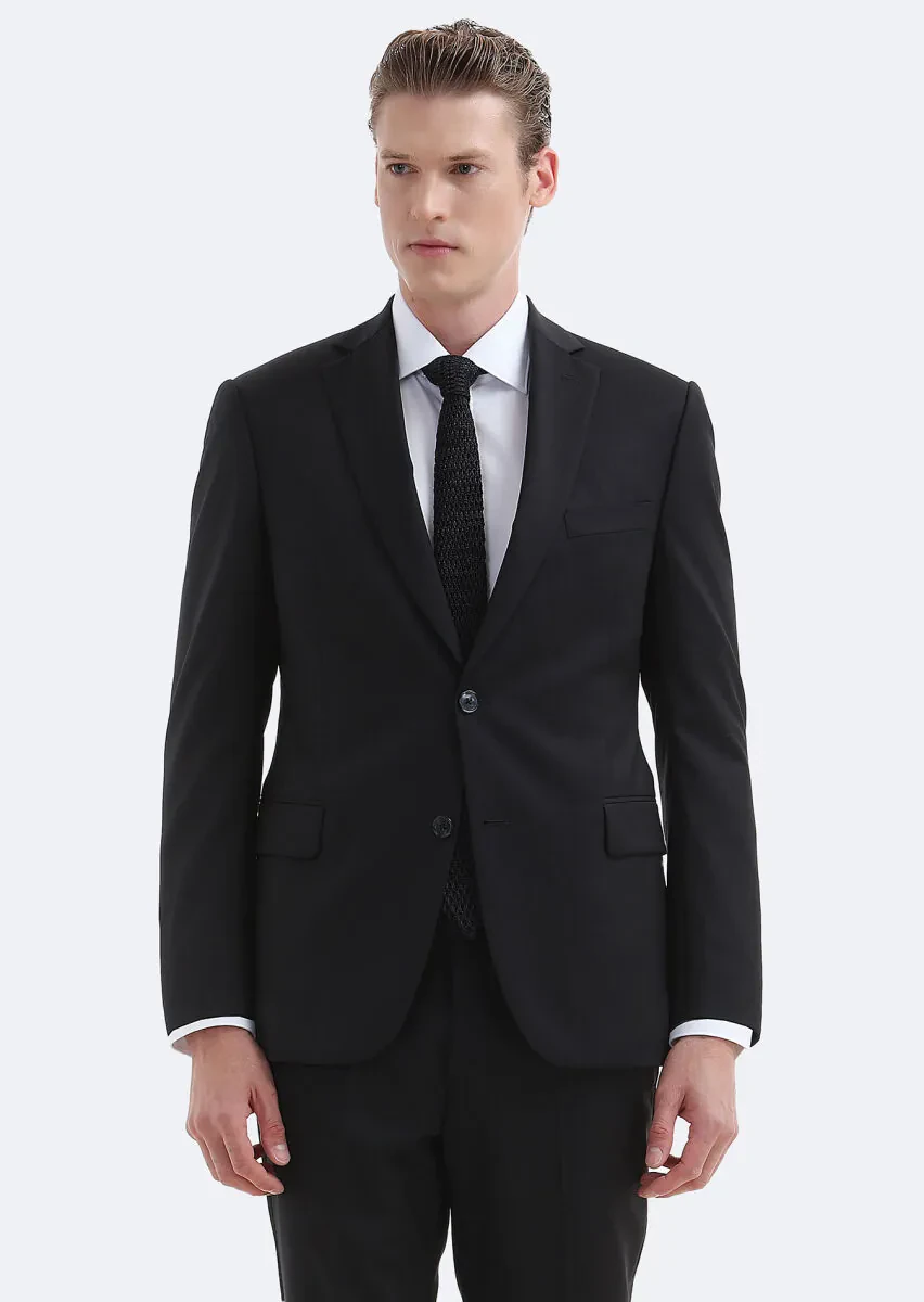 Black Plain Regular Fit 100% Wool Suit - 2
