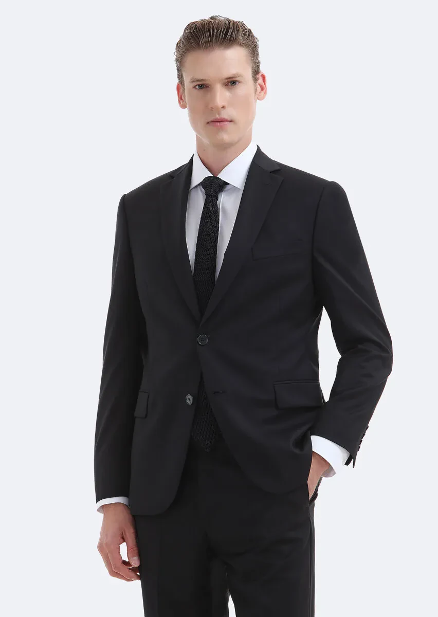 Black Plain Regular Fit 100% Wool Suit - 3