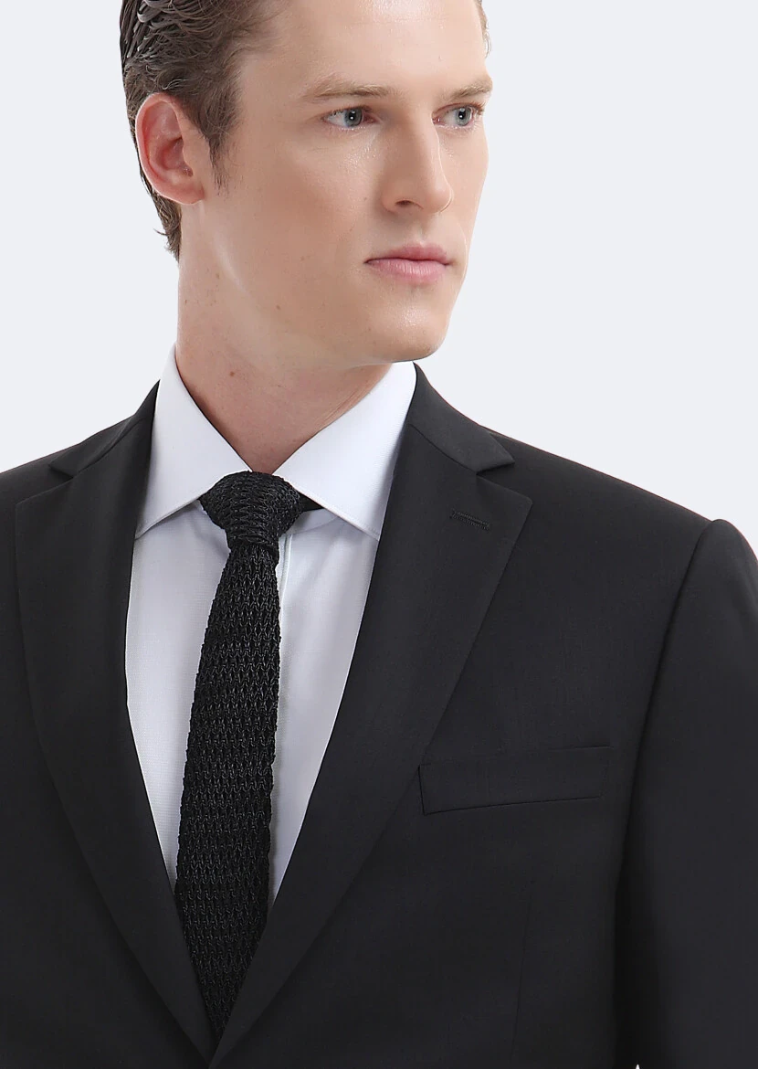 Black Plain Regular Fit 100% Wool Suit - 4