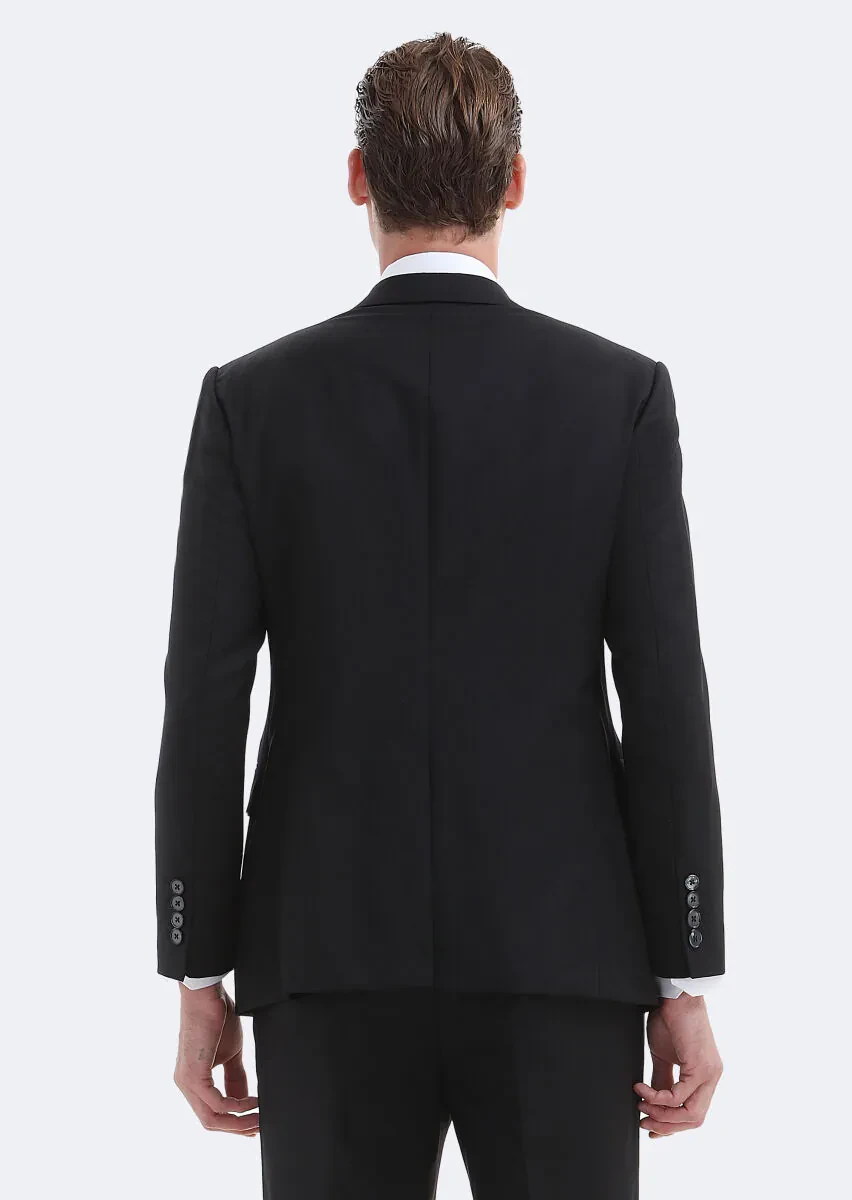 Black Plain Regular Fit 100% Wool Suit - 6