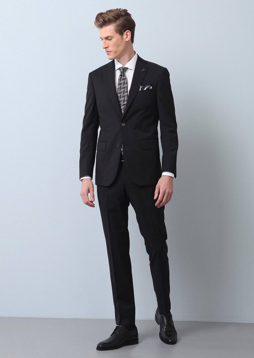 Black Plain Regular Fit 100% Wool Suit - 2