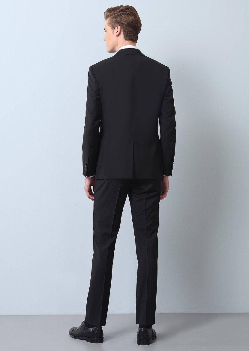 Black Plain Regular Fit 100% Wool Suit - 4