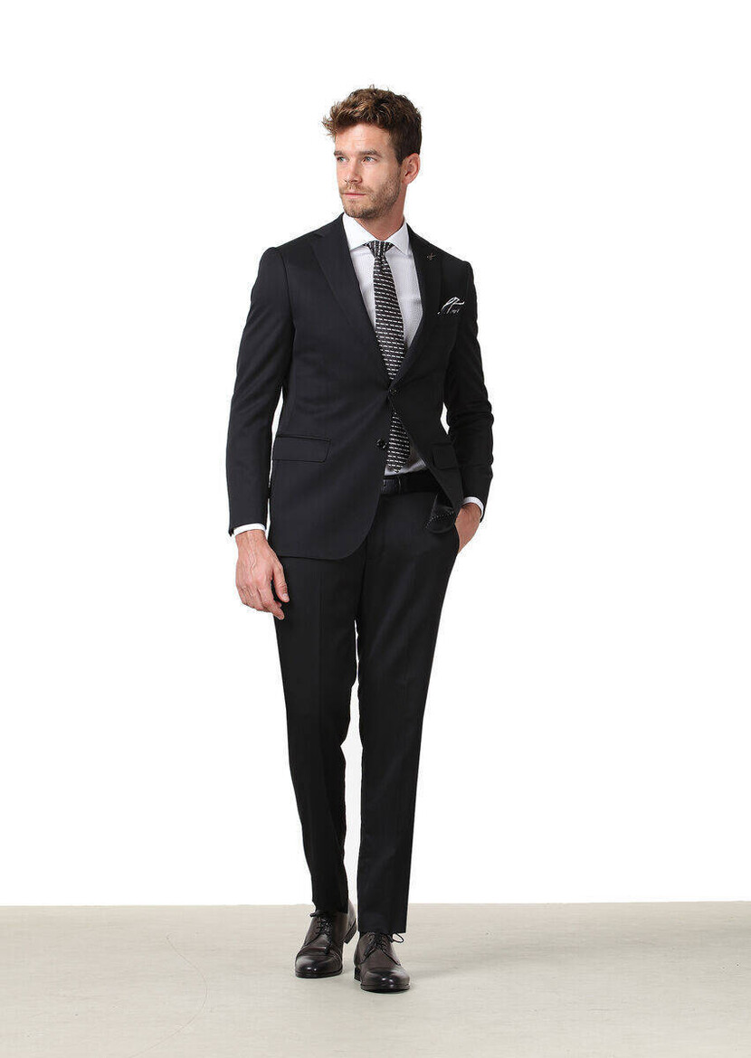 Black Plain Regular Fit 100% Wool Suit - 1