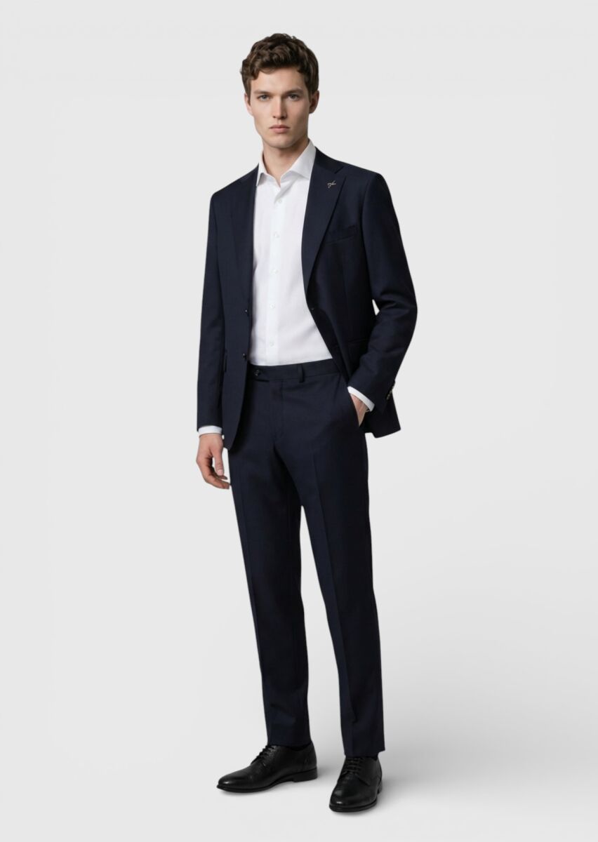 Black Plain Regular Fit 100% Wool Suit - 1