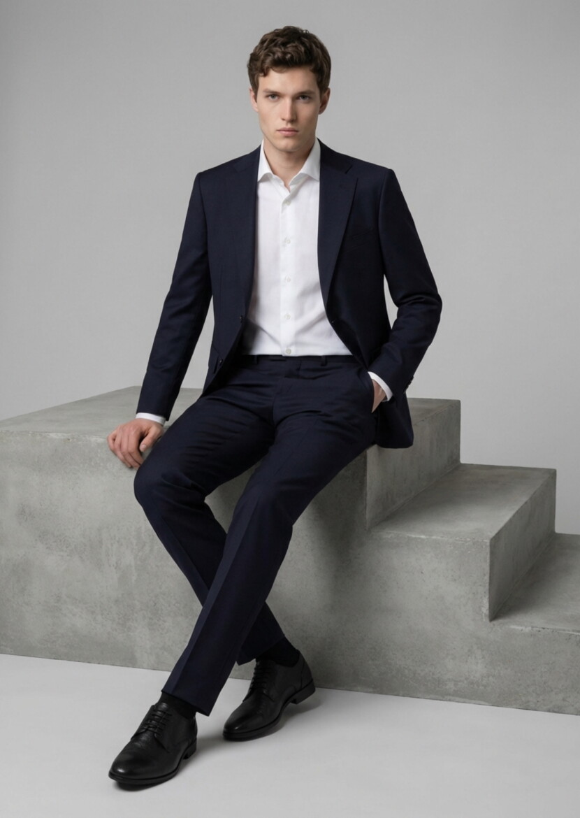 Black Plain Regular Fit 100% Wool Suit - RAMSEY