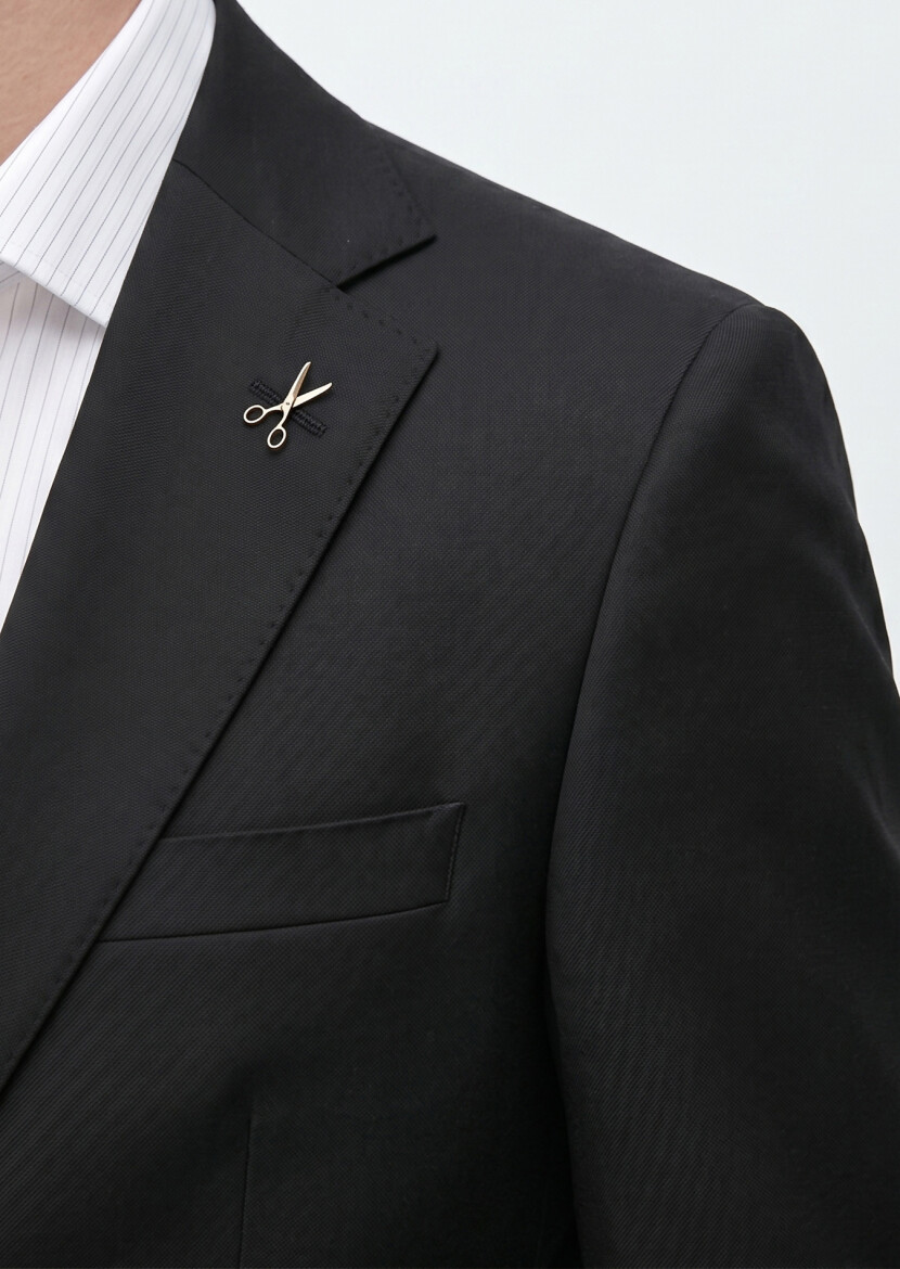 Black Plain Regular Fit 100% Wool Suit - 3
