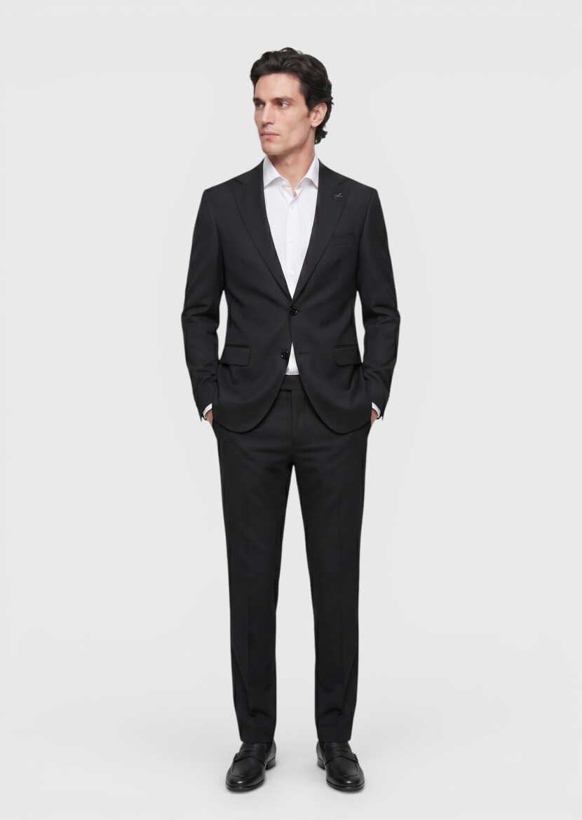 Black Plain Regular Fit 100% Wool Suit - 4