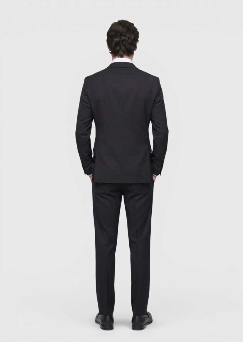 Black Plain Regular Fit 100% Wool Suit - 5