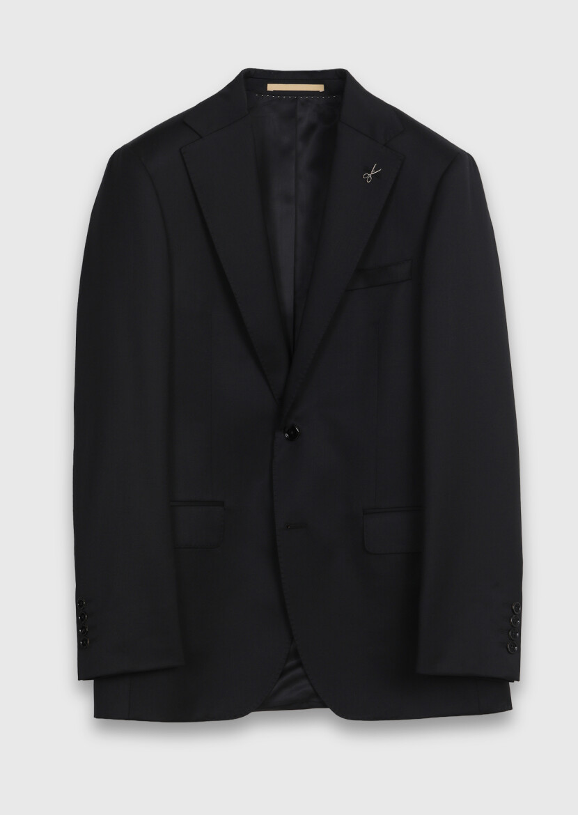 Black Plain Regular Fit 100% Wool Suit - 6