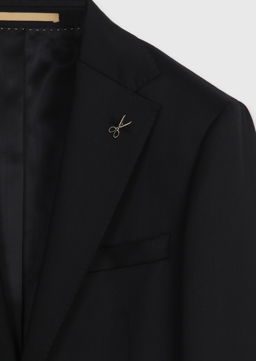 Black Plain Regular Fit 100% Wool Suit - 7