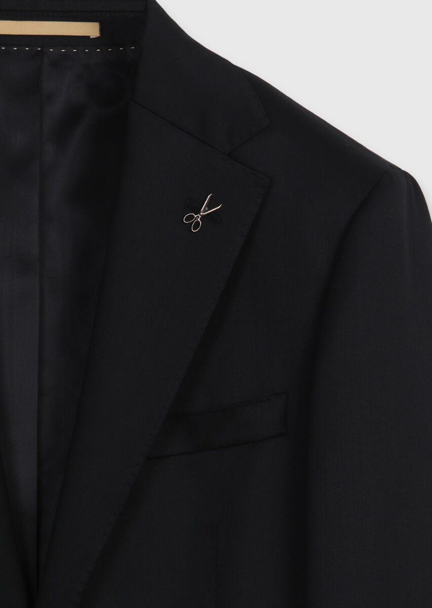 Black Plain Regular Fit 100% Wool Suit - 7