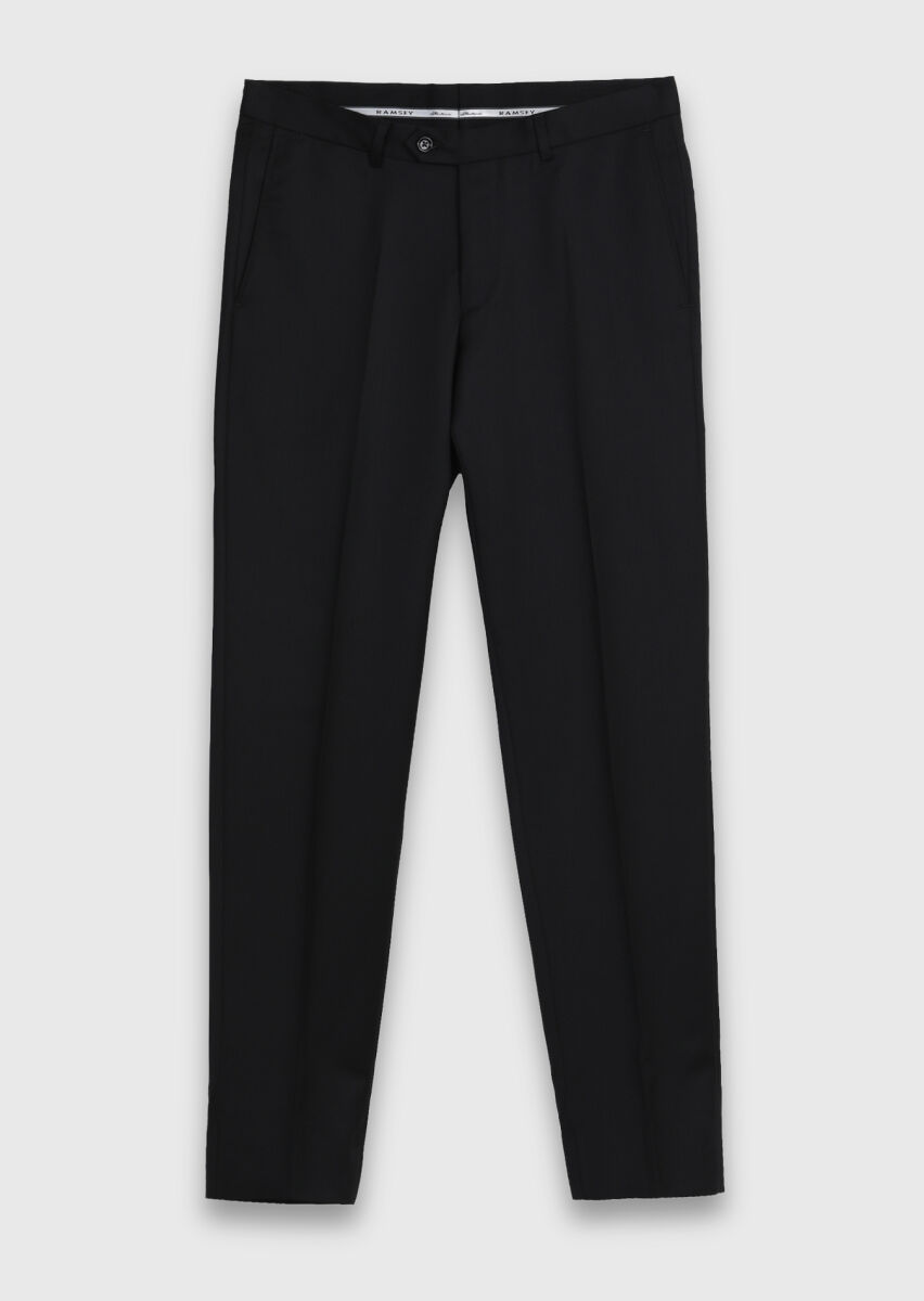 Black Plain Regular Fit 100% Wool Suit - 8