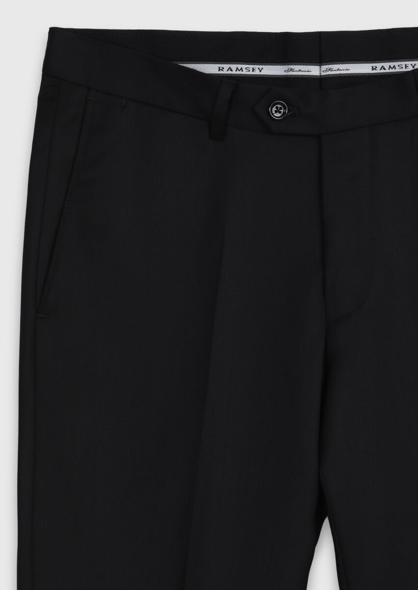 Black Plain Regular Fit 100% Wool Suit - 11