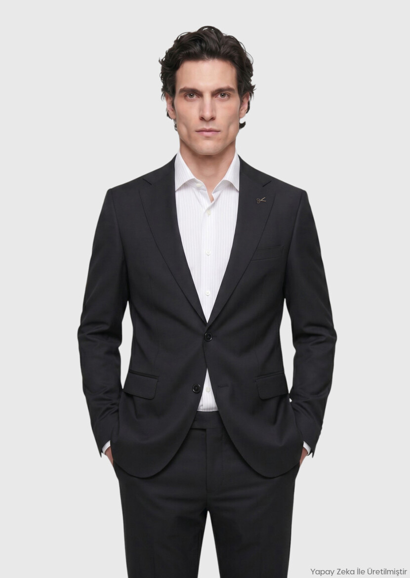 Black Plain Regular Fit 100% Wool Suit - RAMSEY
