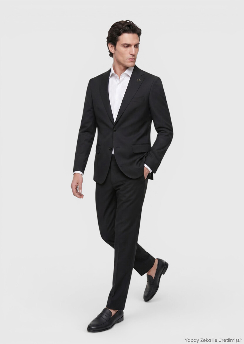 Black Plain Regular Fit 100% Wool Suit - RAMSEY